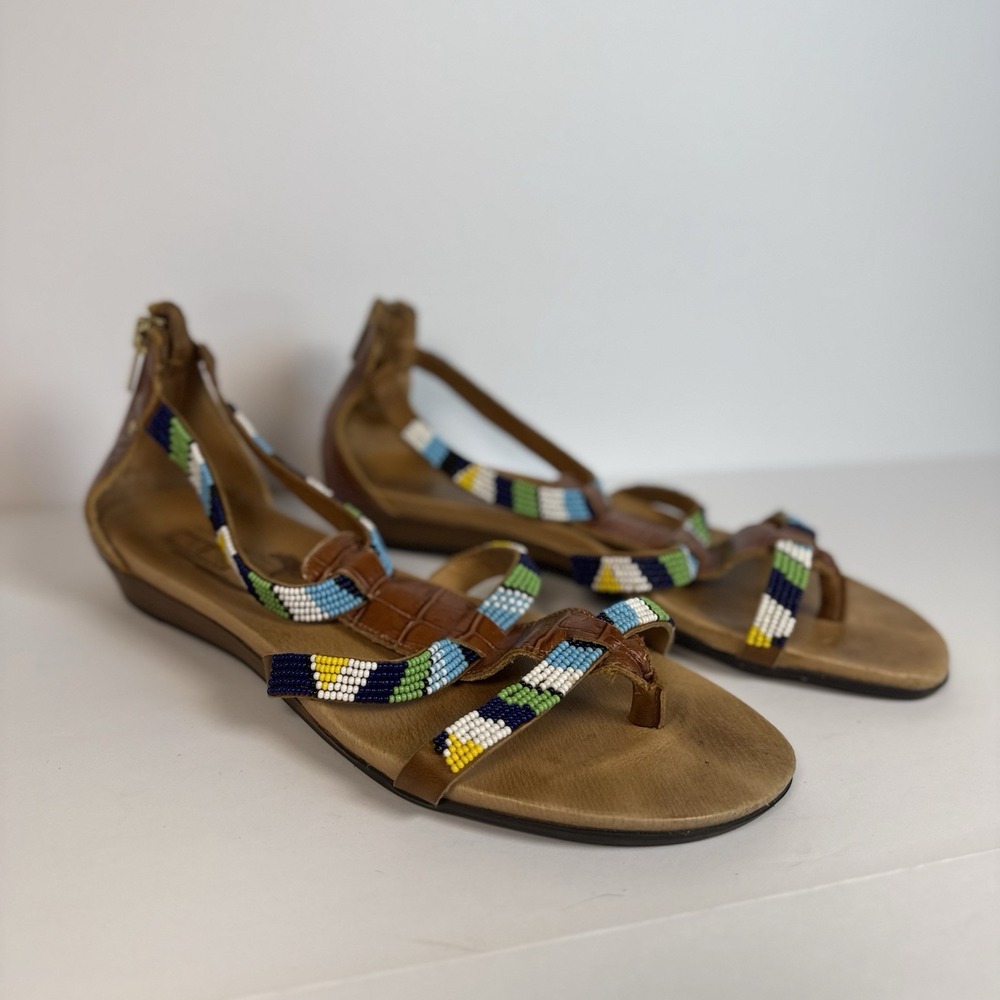 PIKOLINOS 39 / 8.5-9 Alcudias Maasai Hand Beaded Back Zip Leather Flat Sandals - Picture 1 of 12